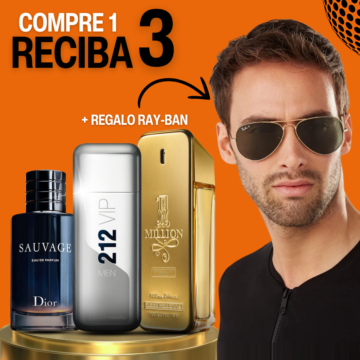 [Compre 1 y Reciba 3] Combo 3 Perfumes Hombre + Ray-Ban de regalo - Sauvage Dior | 212 VIP Men | One Million