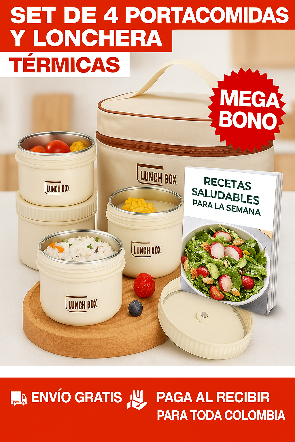 🍱 X4 Portacomidas Térmico y Moderno + 🎁 Ebook Saludable Gratis